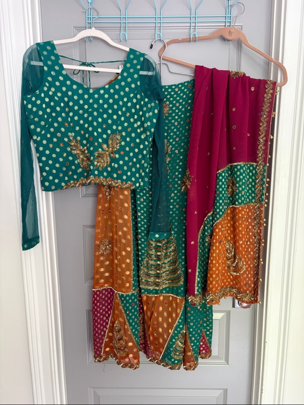 Embellished Teal, Magenta & Orange Lehenga Set